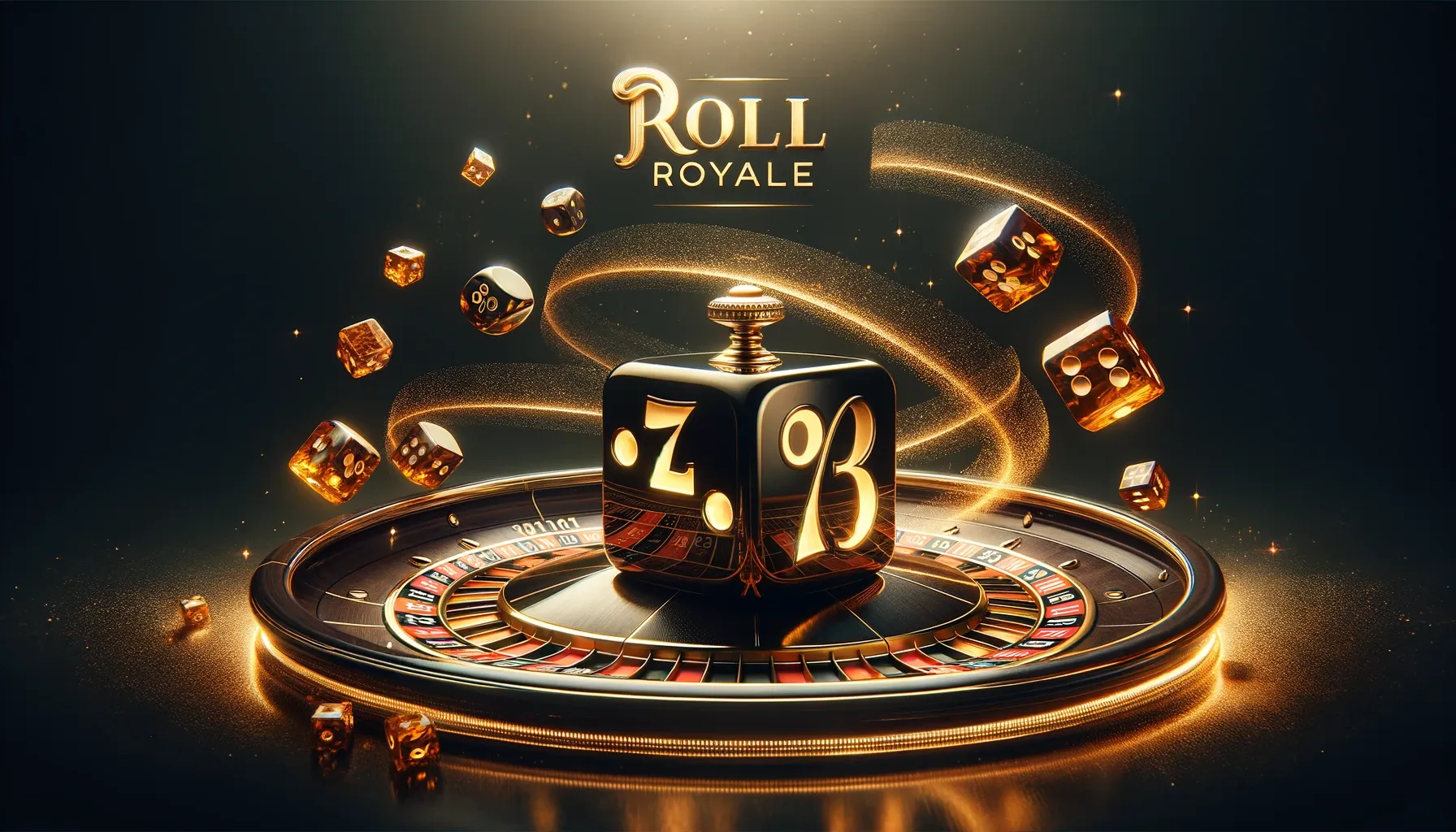 An opulent casino-themed image with a large black die on a roulette wheel, surrounded by floating dice and golden trails, with the text 'Roll Royale' in gold above.