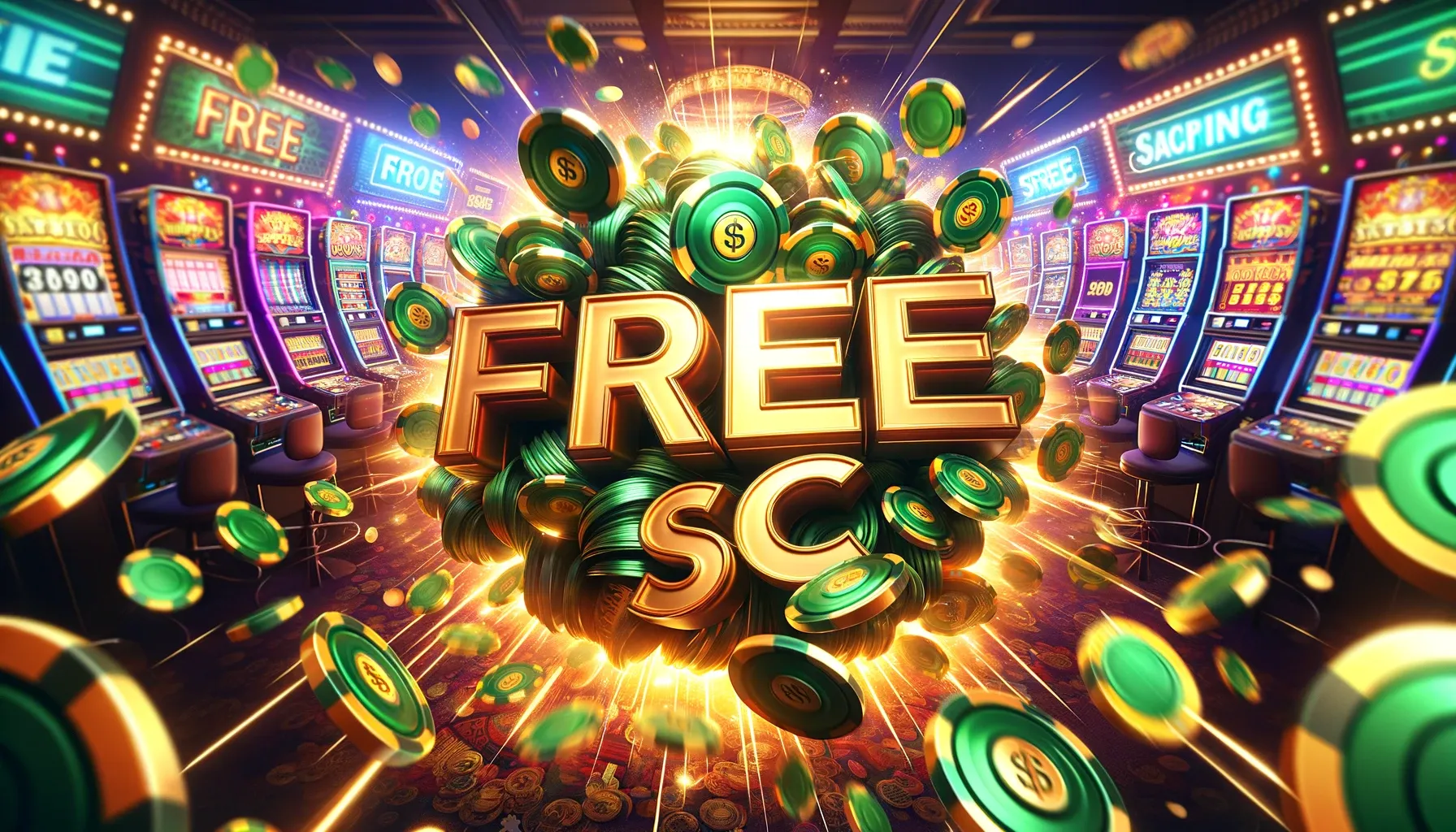 Dynamic casino game scene with bold, golden 'FREE SC' text surrounded by bursting Sweeps Coins, against a blurred background of slot machines and casino decor.