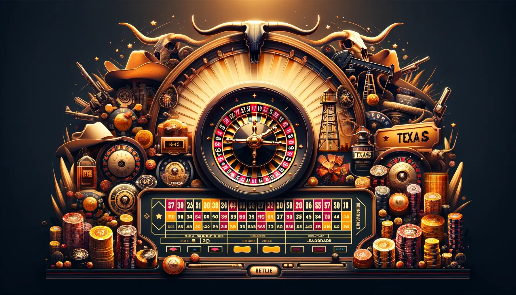 A Texas-themed online roulette interface in amber, gold, and black, featuring a central roulette wheel, longhorn skulls, cowboy hats, oil rigs, bet placement buttons, and a leaderboard.