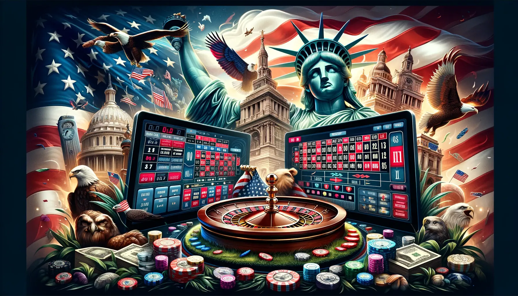 A USA-themed online slots and roulette interface with the Statue of Liberty, bald eagles, American flags, and landmarks, featuring betting buttons and a leaderboard.