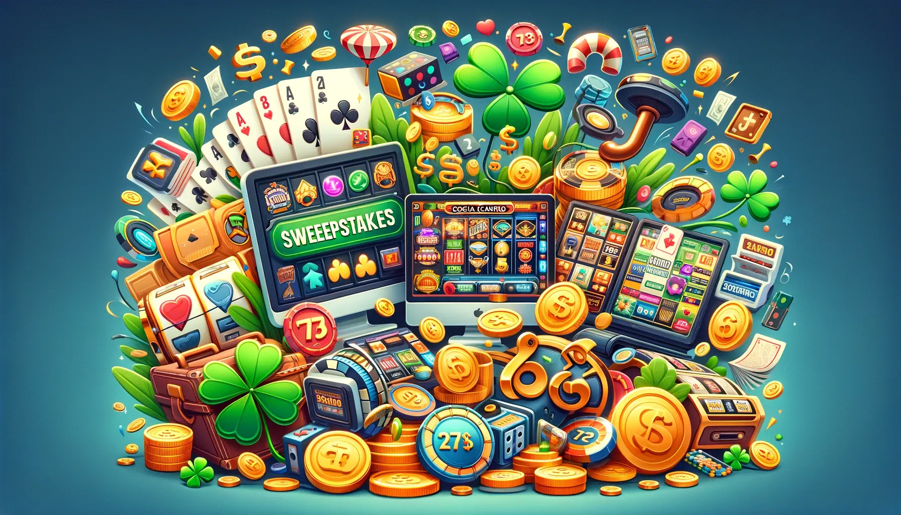 A vibrant, casino-themed illustration with slot machines, playing cards, dice, and lucky symbols like four-leaf clovers. The composition includes floating coins, a horseshoe, and other icons related to luck and gambling, all set against a blue background.