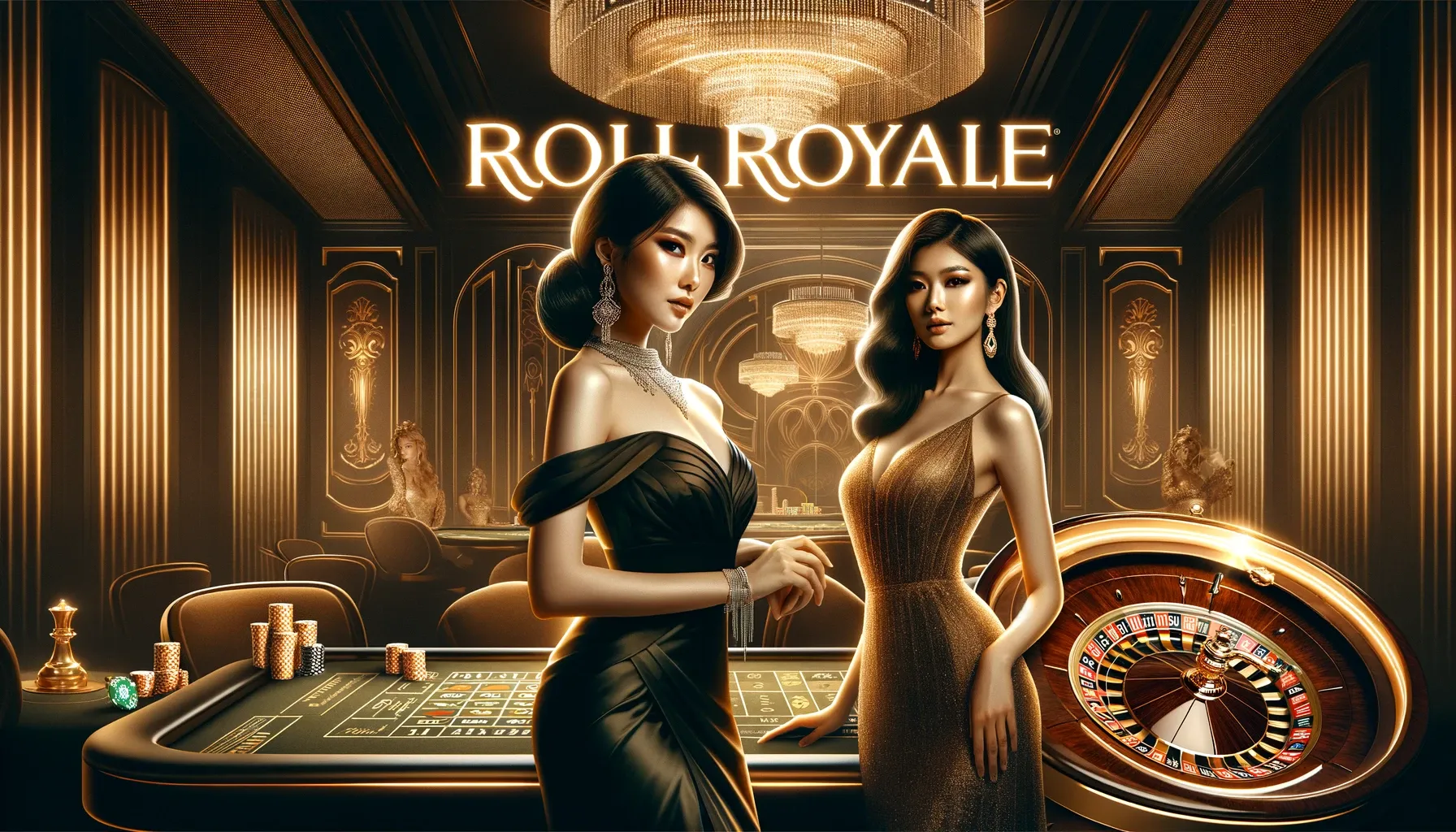 An image of two elegant women in formal evening dresses at a luxurious casino, with the golden text 'Roll Royale' illuminated above and a roulette table and wheel to the right.