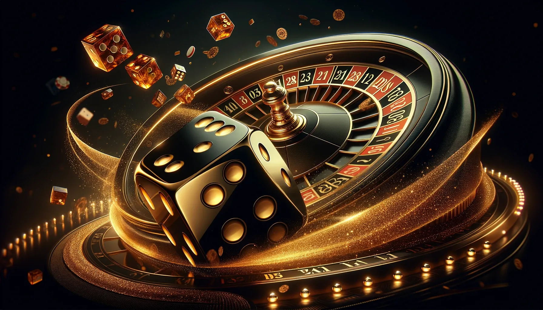 A dynamic casino image featuring a large black die next to a spinning roulette wheel, both with golden accents. Floating amber dice and sparkling golden particles enhance the sense of motion and luxury in the scene.