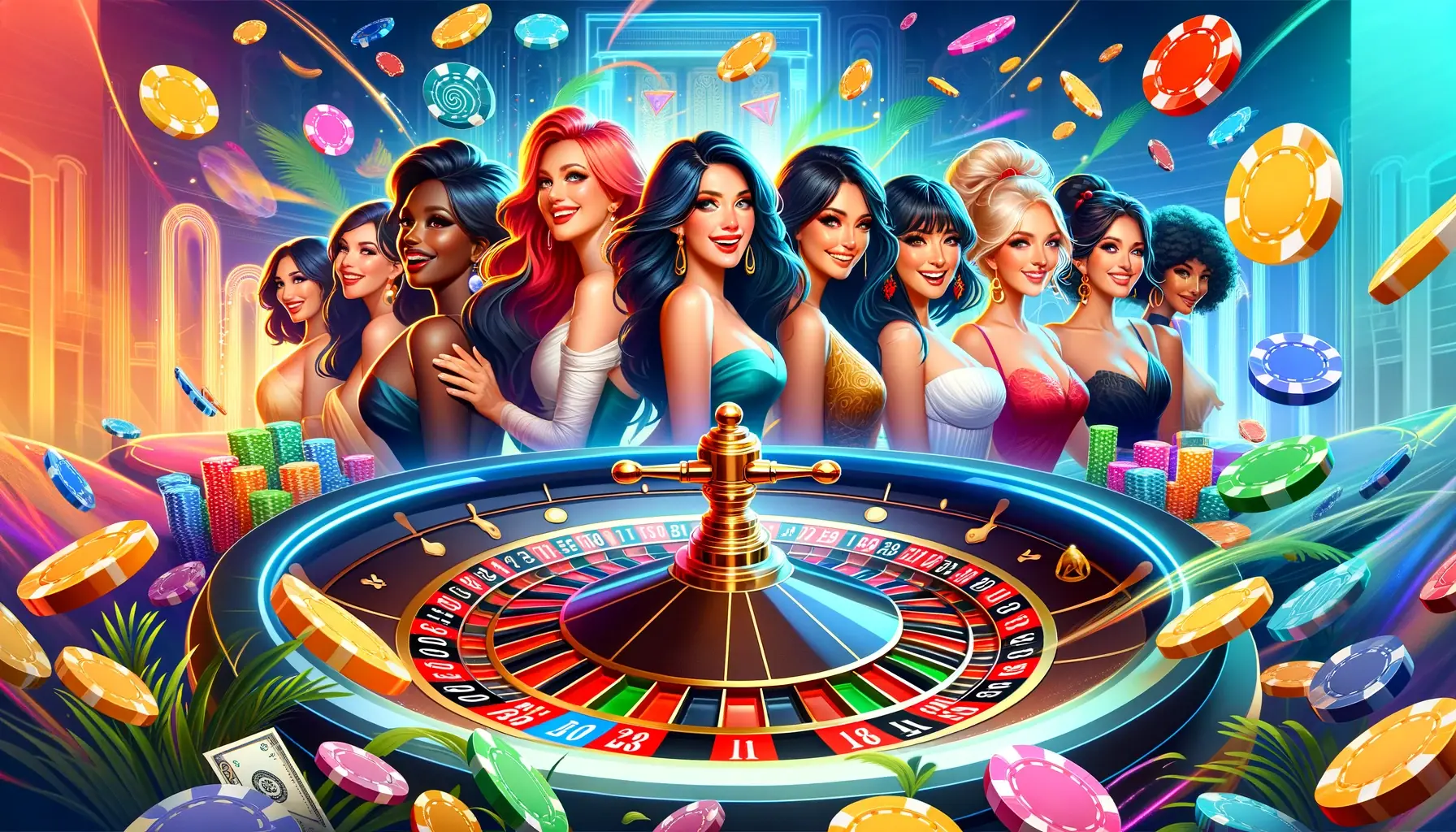 Diverse group of elegant women enjoying a vibrant social casino experience around a colorful digital roulette wheel, symbolizing fun and community in online gaming