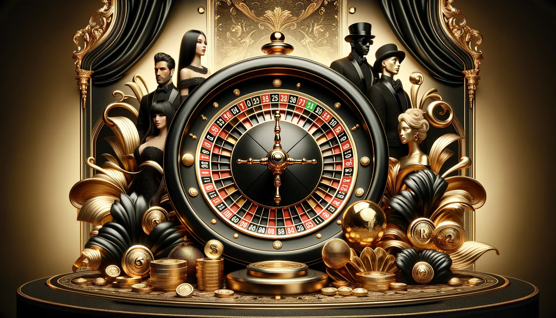 An elaborate casino-themed image centered on a roulette wheel, surrounded by gold and black ornamental designs with several stylishly dressed individuals in formal attire. The scene is adorned with gold coins, decorative elements, and a luxurious ambiance.