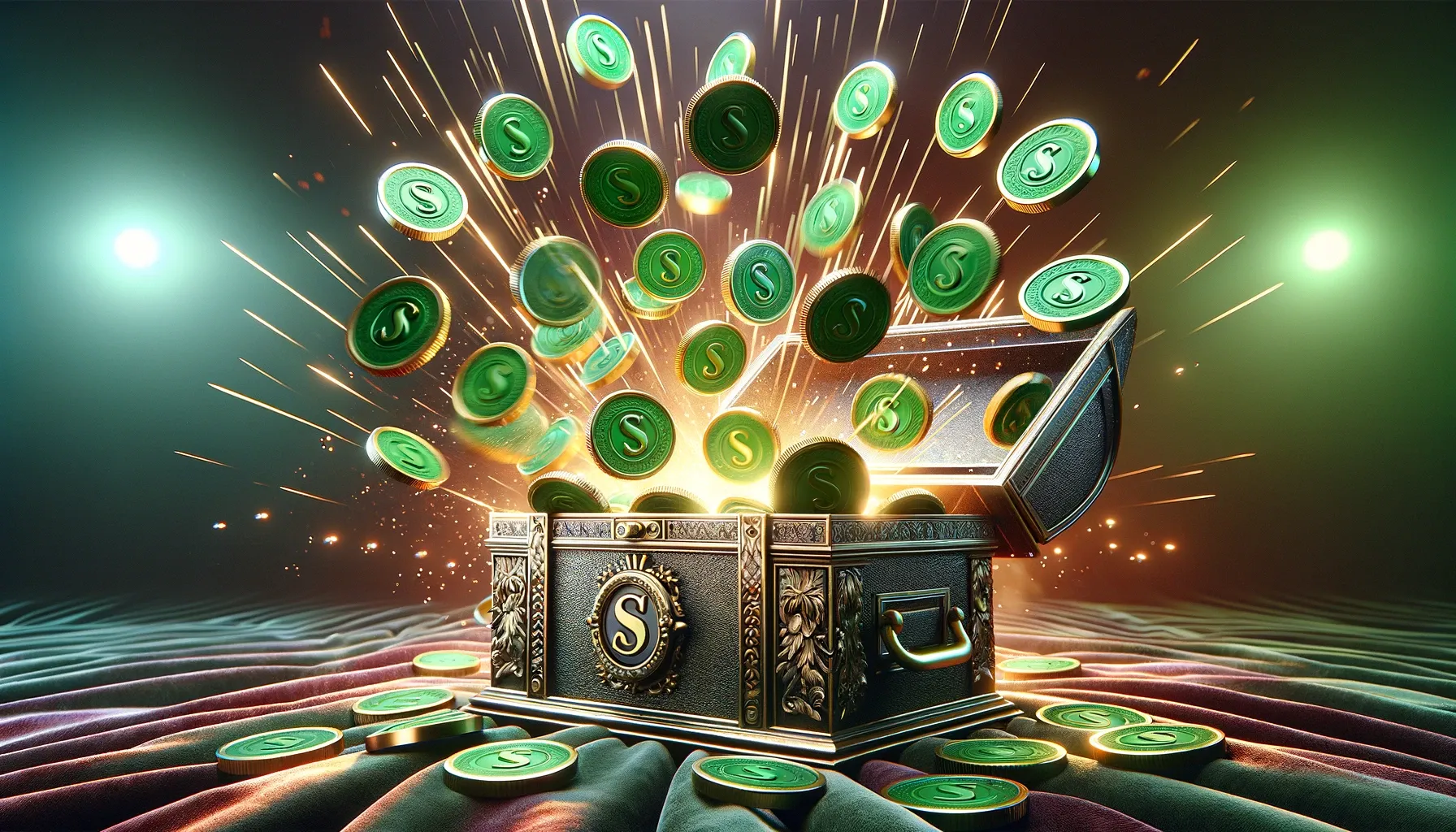 A luxurious treasure chest bursting open with Sweeps Coins, each embossed with the letter 'S', on a lavish velvet surface with a richly colored background.